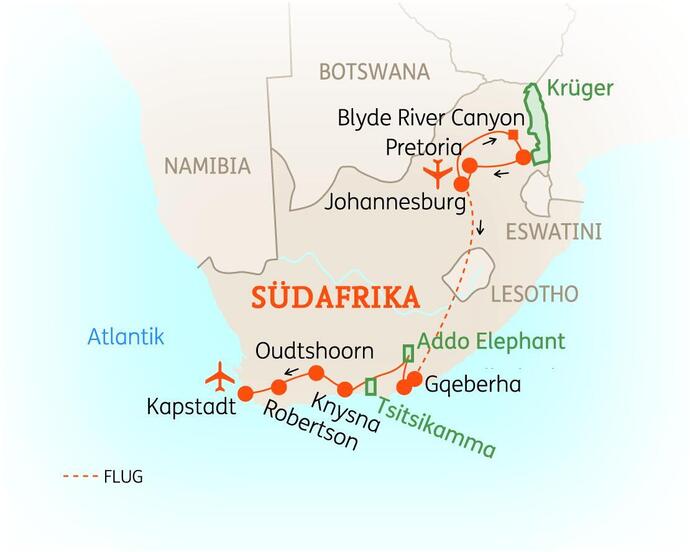 Reiseroute der 15 Tage Südafrika Reise 