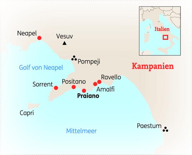 Reiseroute der 8 Tage Golf von Neapel & Amalfiküste Reise