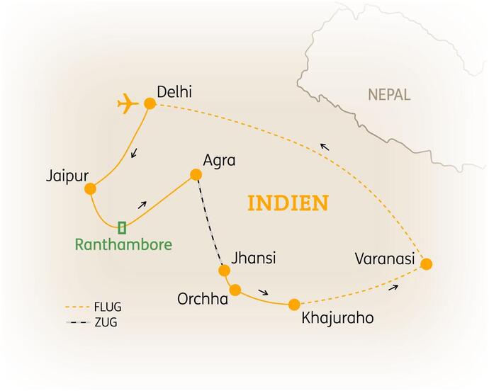 Reiseroute der 14 Tage Indien Reise
