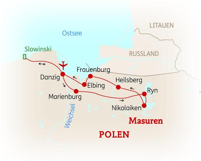 Reiseroute der 8-tägigen Danzig und Masuren Reise
