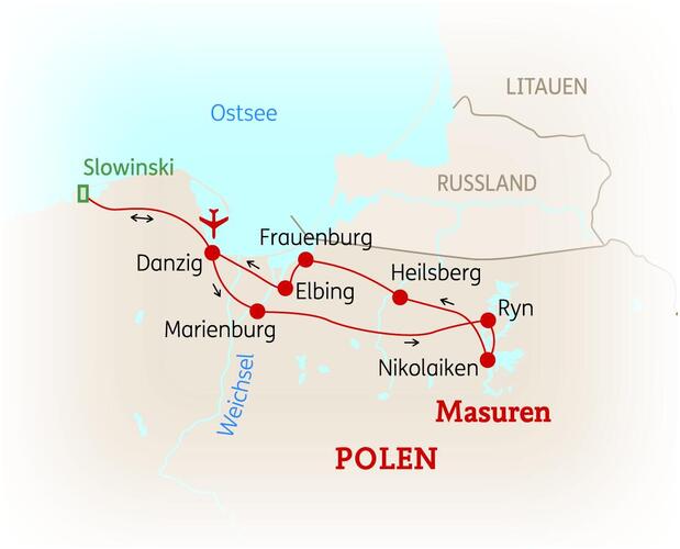 Reiseroute der 8-tägigen Danzig und Masuren Reise