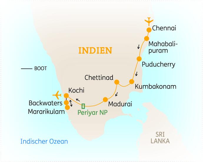 Reiseroute der 16 Tage Indien Reise