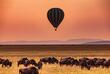 Heißluftballon im Morgenlicht im Serengeti Nationalpark