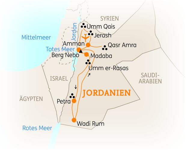 Reiseroute der 9 Tage Jordanien Reise