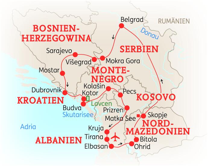 Reiseroute der 15 Tage Balkan Reise