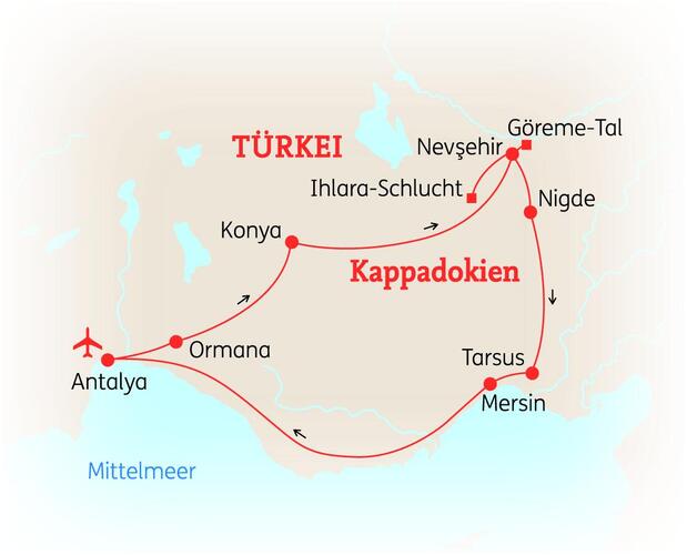 Reiseroute der 8 Tage Kappadokien Reise