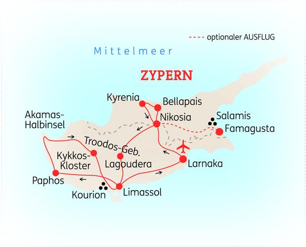 Reiseroute der 10 Tage Zypern Reise