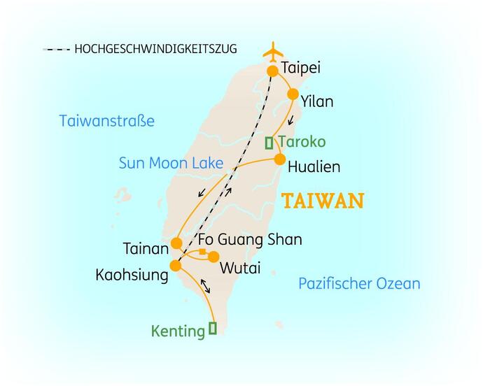 Reiseroute der 12-tägigen Taiwan Rundreise