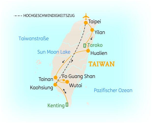 Reiseroute der 12-tägigen Taiwan Rundreise