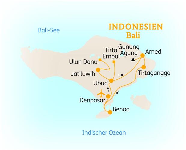 Reiseroute der 12 Tage Bali/Indonesien Reise