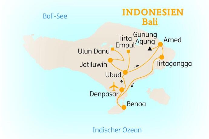Reiseroute der 12 Tage Bali/Indonesien Reise