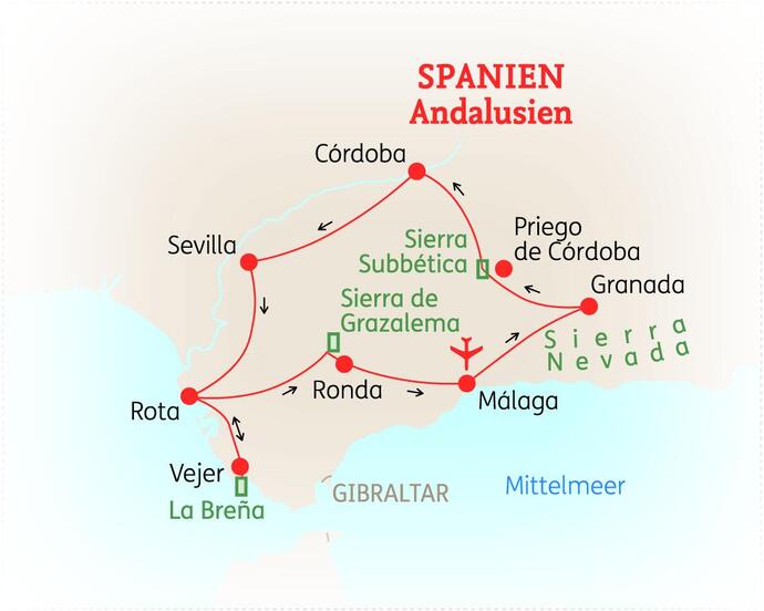 Reiseroute der 11-tägigen Andalusien Reise 
