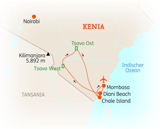Reiseroute der 14 Tage Kenia Reise
