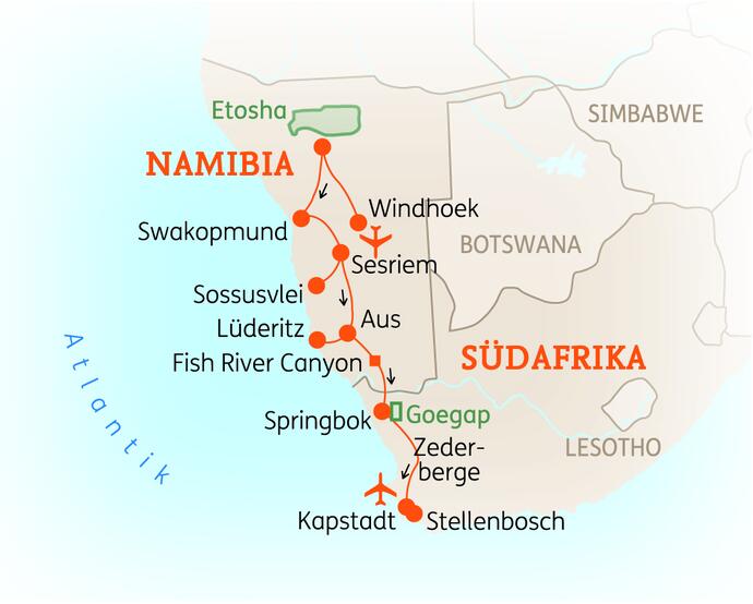 Reiseroute der 19 Tage Südafrika & Namibia Reise