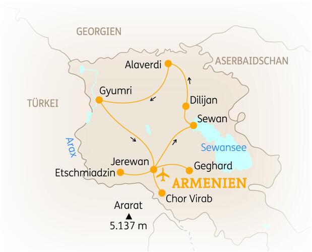 Reiseroute der 9-tägigen Armenien Rundreise 