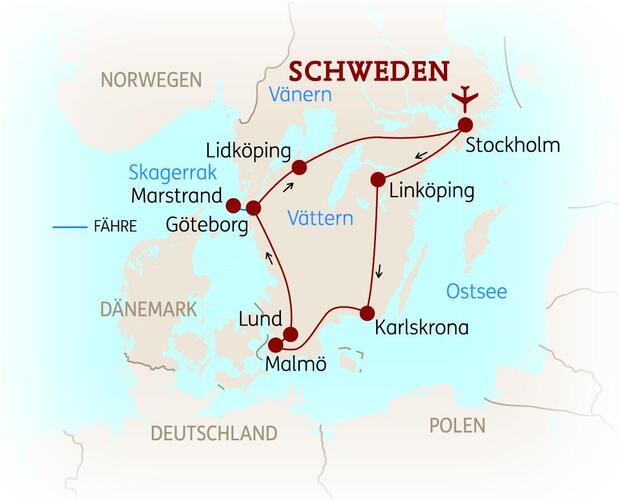 Reiseroute der 8-tägigen Südschweden Reise