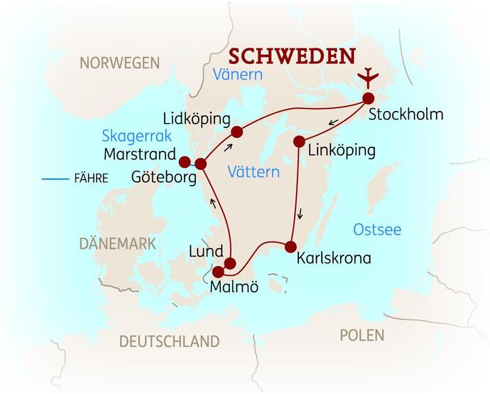 Reiseroute der 8-tägigen Südschweden Reise