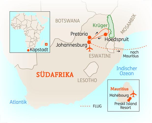 Reiseroute der 12 Tage Südafrika & Mauritius Reise
