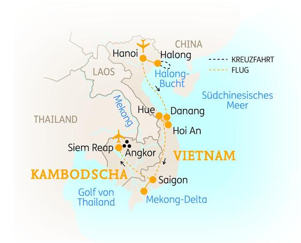 Reiseroute der 15 Tage Vietnam & Kambodscha Reise