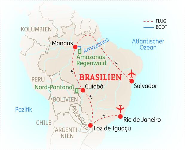 Reiseroute der 19-tägigen Brasilien Rundreise