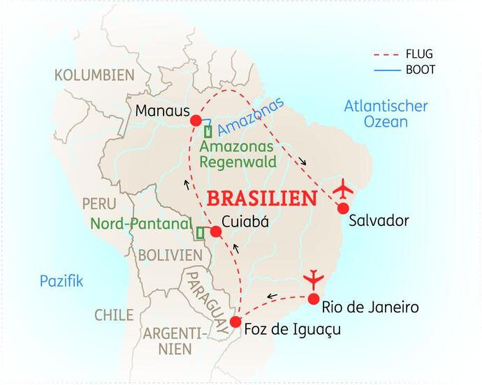 Reiseroute der 19-tägigen Brasilien Rundreise