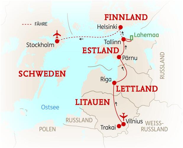 Reiseroute der 10-tägigen Baltikum Rundreise 