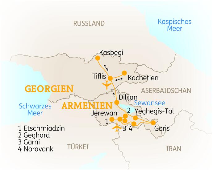 Reiseroute der 15 Tage Armenien & Georgien Reise