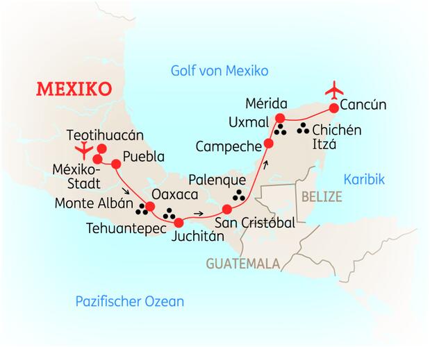 Reiseroute der 15 Tage Mexiko Reise