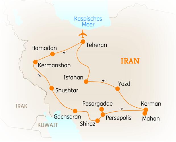 Reiseroute der 15 Tage Iran Reise