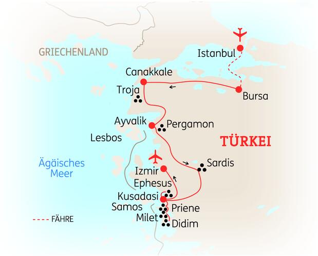 Reiseroute der 8 Tage Westtürkei Reise