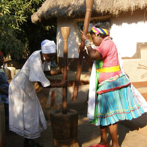 Frauen in einem afrikanischen Dorf beim Mais stampfen