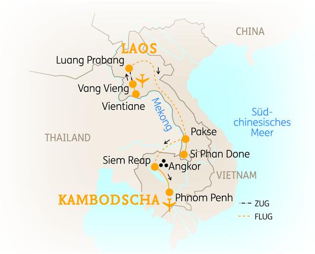 Reiseroute der 15 Tage Laos & Kambodscha Reise