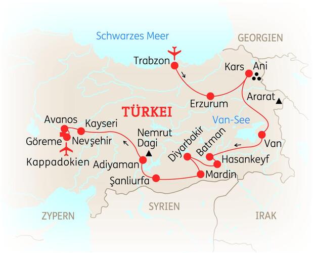 Reiseroute der 12 Tage Türkei Reise