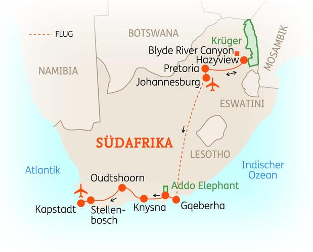 Reiseroute der 16 Tage Südafrika Reise 