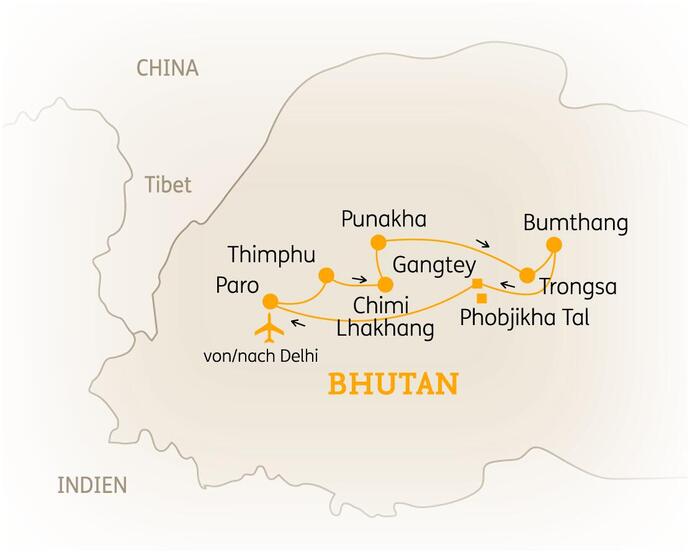 Reiseroute der 12 Tage Bhutan Reise