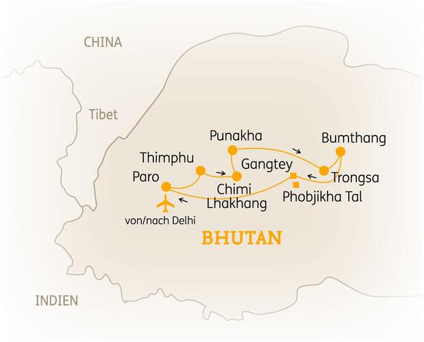 Reiseroute der 12 Tage Bhutan Reise