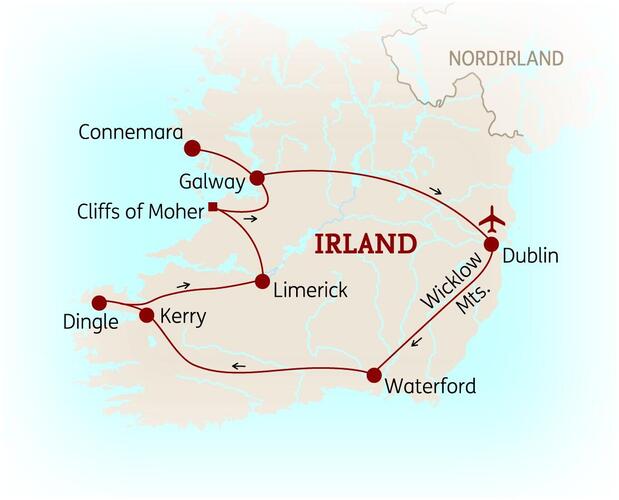 Reiseroute der 8 Tage Irland Reise
