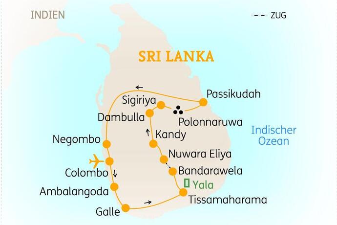 Reiseroute der 14-tägigen Sri Lanka Reise 
