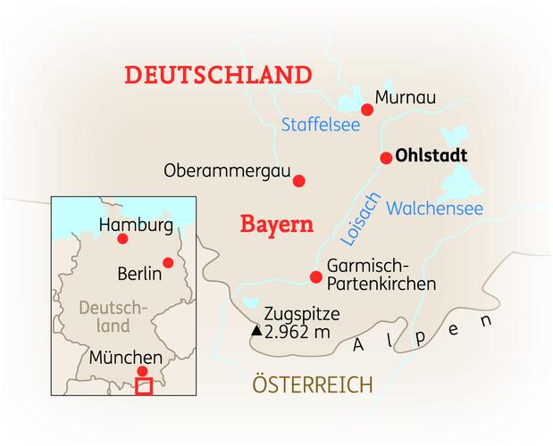 Reiseroute der 8 Tage Oberbayern Reise