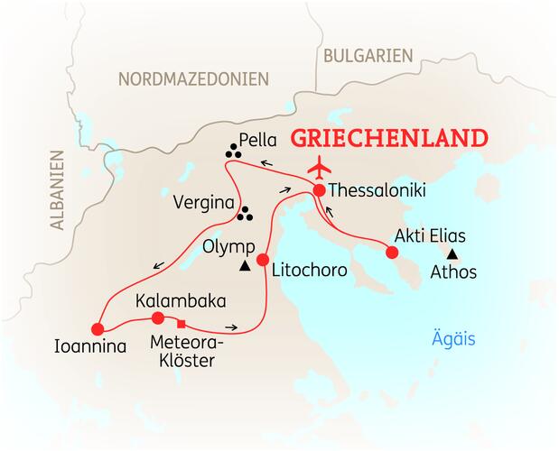 Reiseroute der 9 Tage Griechenland Reise