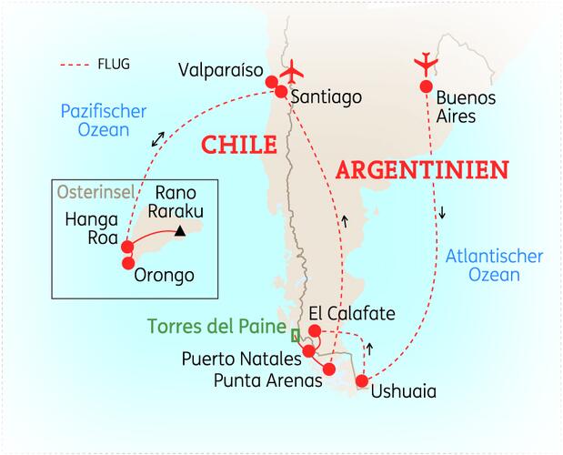 Reiseroute der 19 Tage Argentinien & Chile Reise