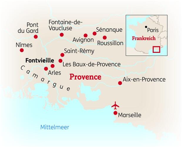 Reiseroute der 8 Tage Provence Reise
