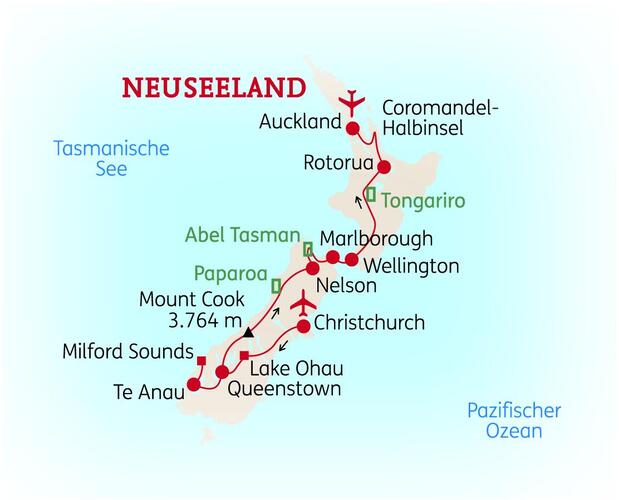 Reiseroute der 21 Tage Neuseeland Reise