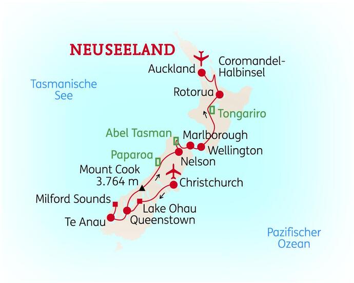 Reiseroute der 21 Tage Neuseeland Reise