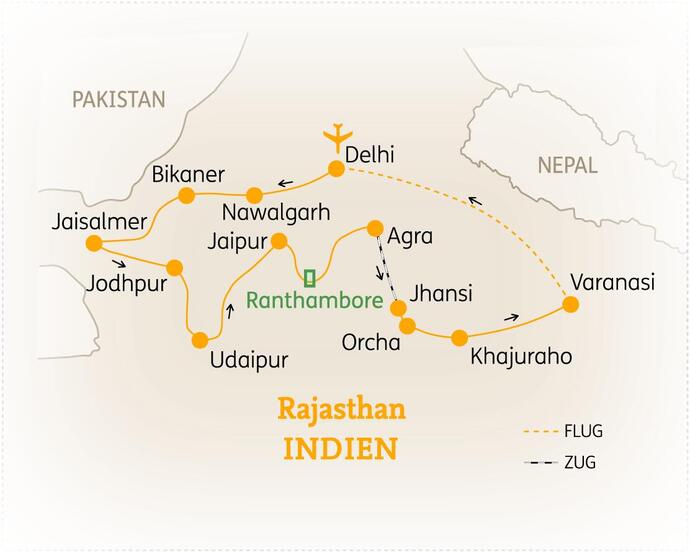 Reiseroute der 20-tägigen Indien Rundreise