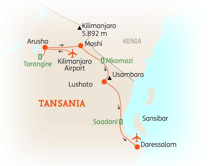 Reiseroute der 14-tägigen Tansania Rundreise 