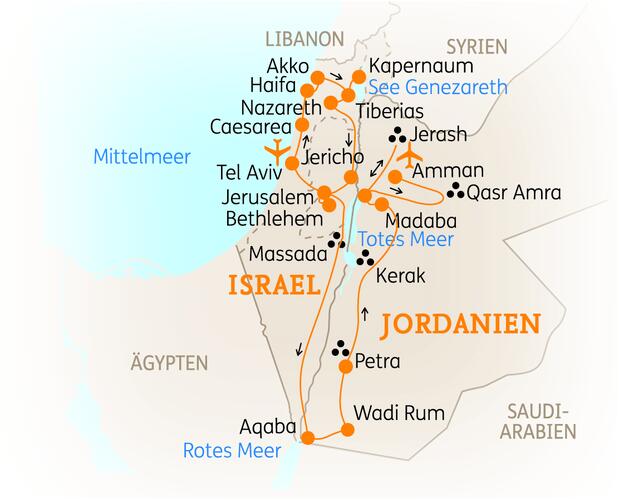 Reiseroute der 14 Tage Israel & Jordanien Reise