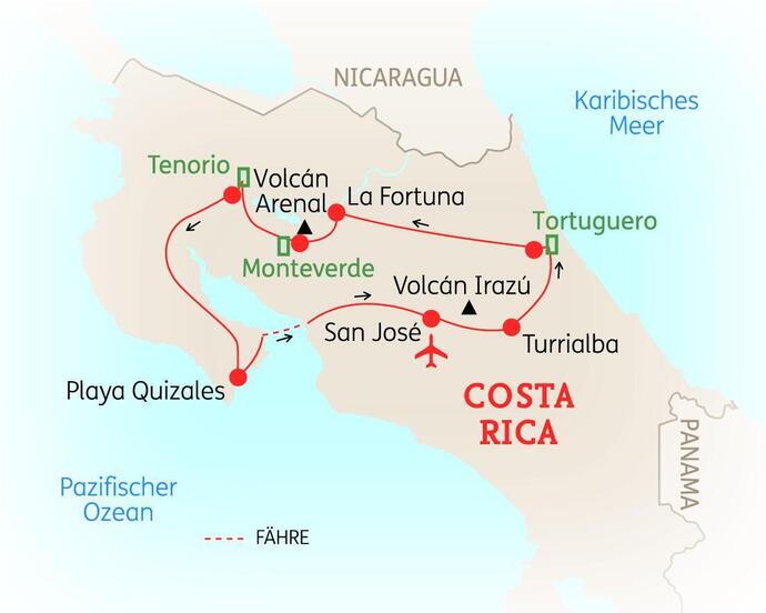 Reiseroute der 16-tägigen Costa Rica Rundreise