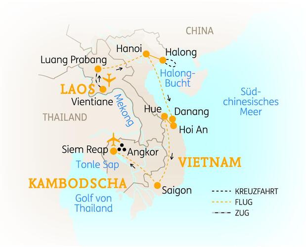 Reiseroute der 20 Tage Laos, Vietnam & Kambodscha Reise