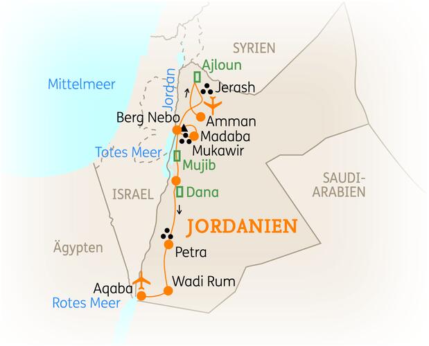 Reiseroute der 11 Tage Jordanien Reise